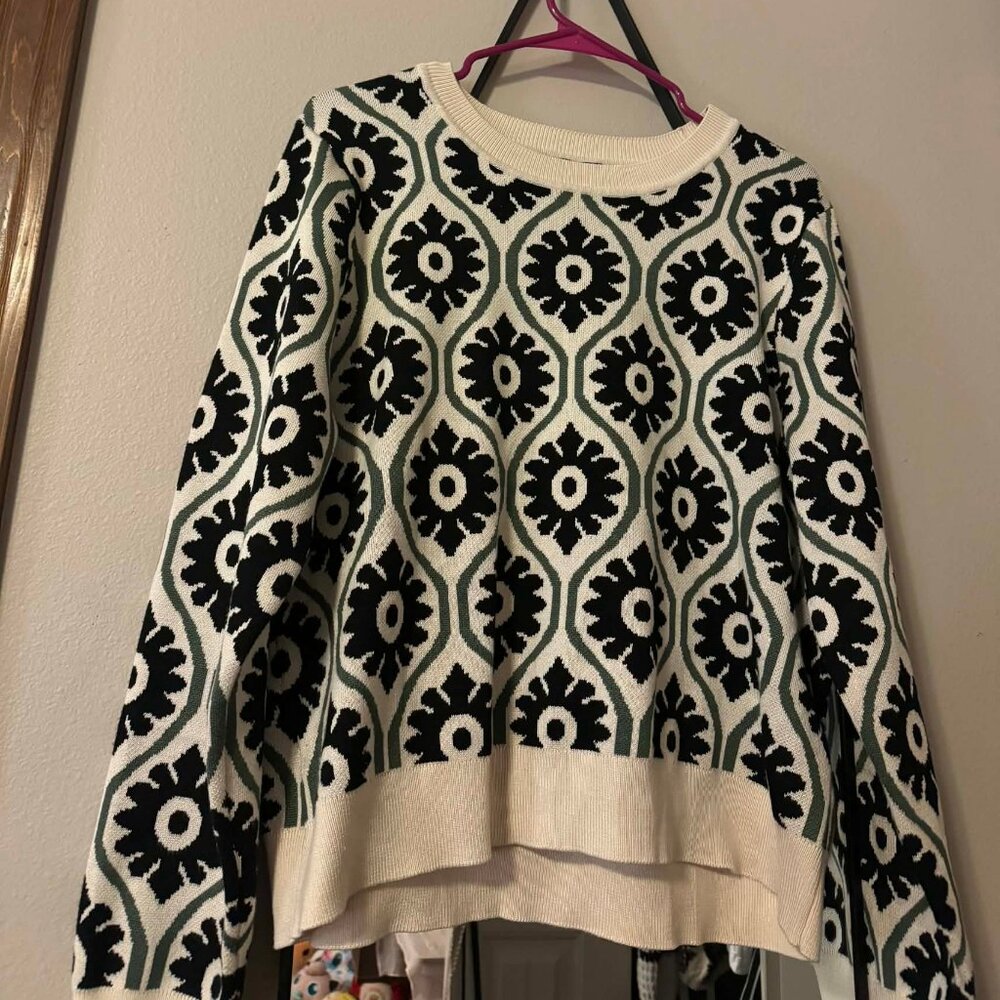 Adrianna Papell Green, Black, and Cream Crewneck Pullover Sweater
